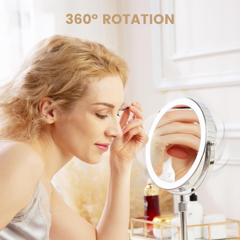 Lighted Makeup Mirror - 10x/1x Magnification, 3 Color Options | Rechargeable, 8-Inch Height Adjustable & 360° Rotatable