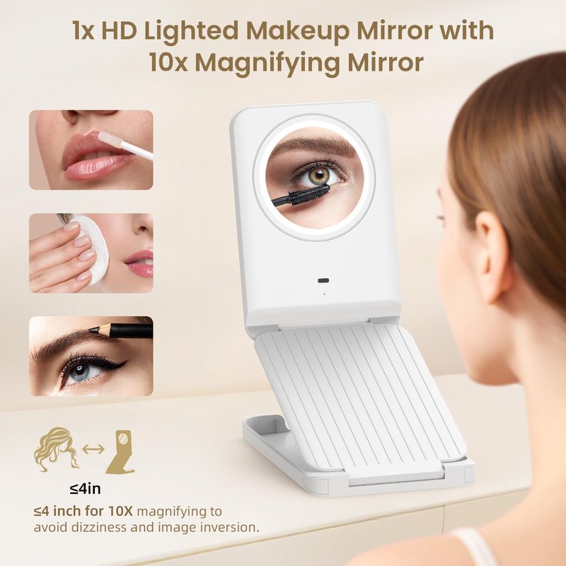 LAMPICK Travel Makeup Mirror with Lights, Foldable 1X Vanity Lighted Mirror with 10X Magnification, Rechargeable 1500mAh Battery, Dimmable Touch Screen, Freely Adjust Height and Angle