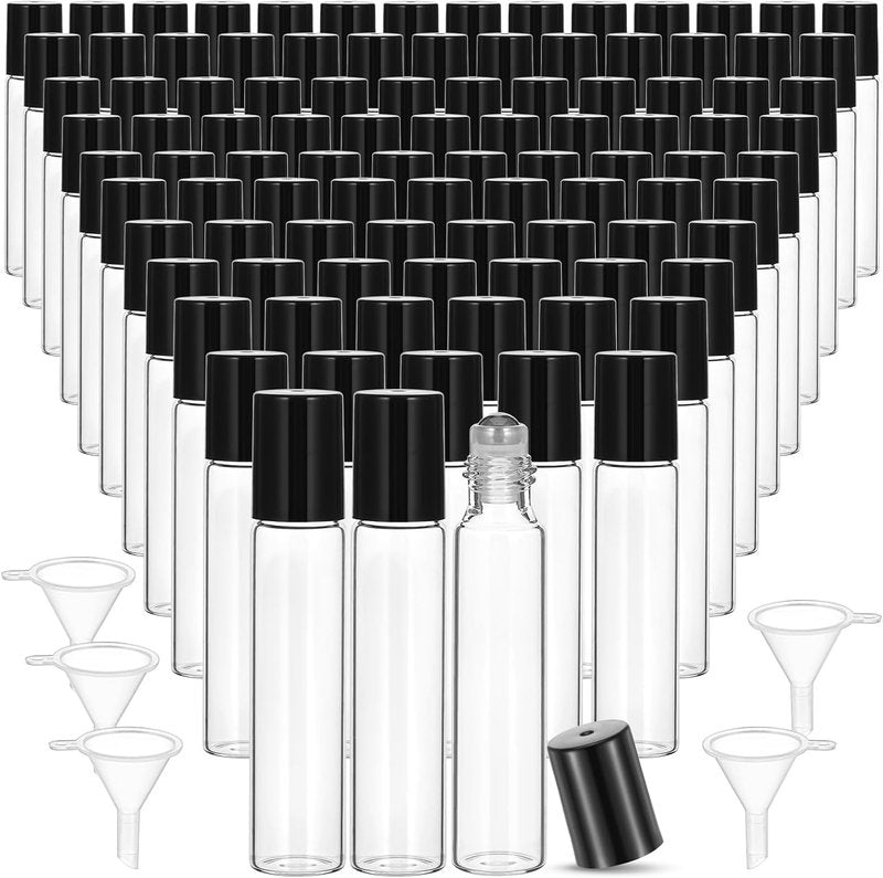 Essential Oil Roller Bottles - 100 Pcs 10ml Glass Containers with Stainless Steel Balls | Leakproof & Travel-Friendly