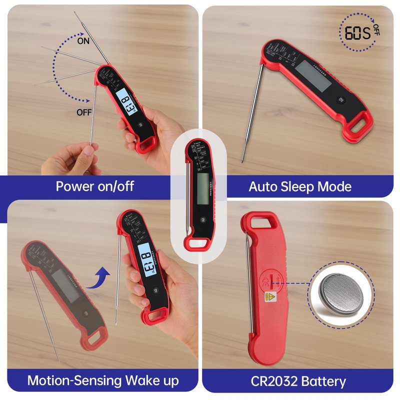 Lonicera Digital Meat Thermometer for Food Cooking. Instant Read Within 1 Sec and ±0.9℉Accuracy with Thermocouple Sensor. IP67 Waterproof, Auto-Rotating Display, Auto Wake up (Red)