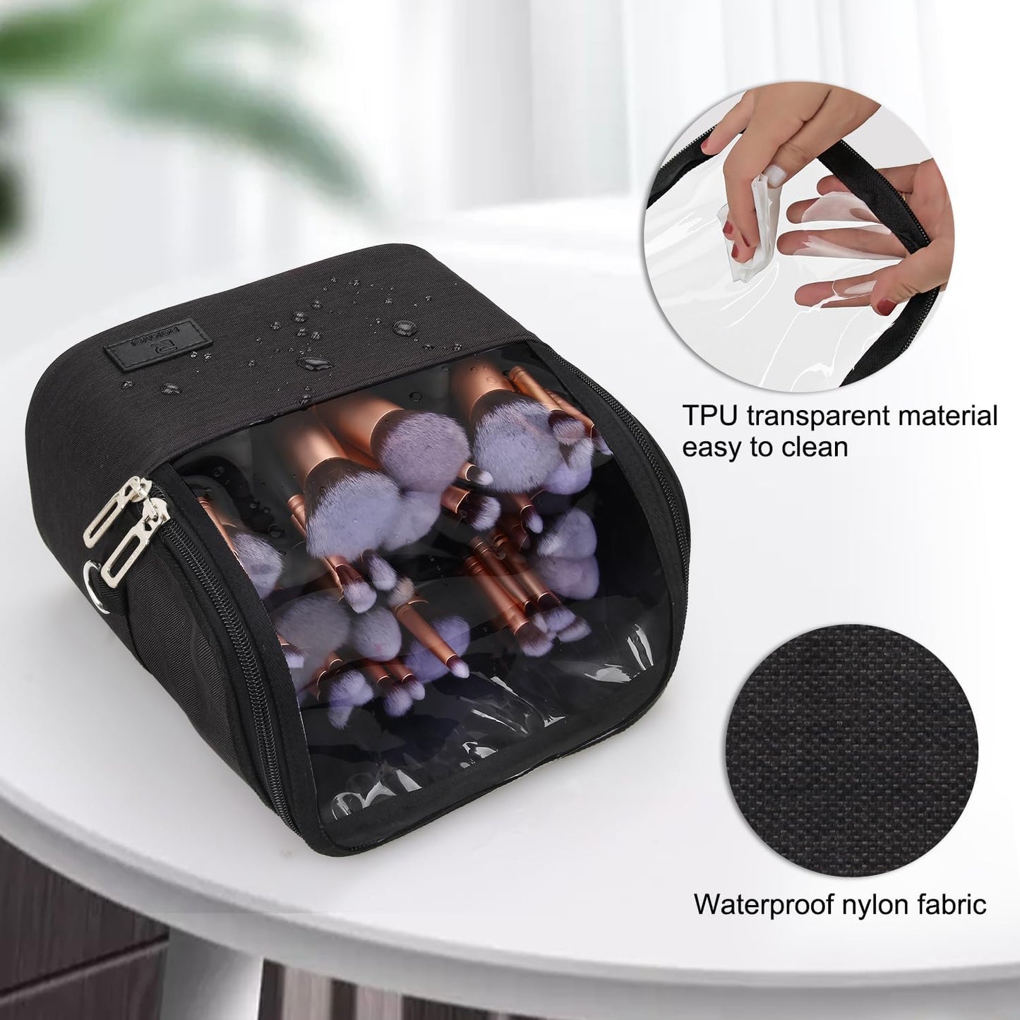 Makeup Brush Organizer - Travel-Friendly Stand-Up Holder with Adjustable Divider | Large Black Cosmetic Case