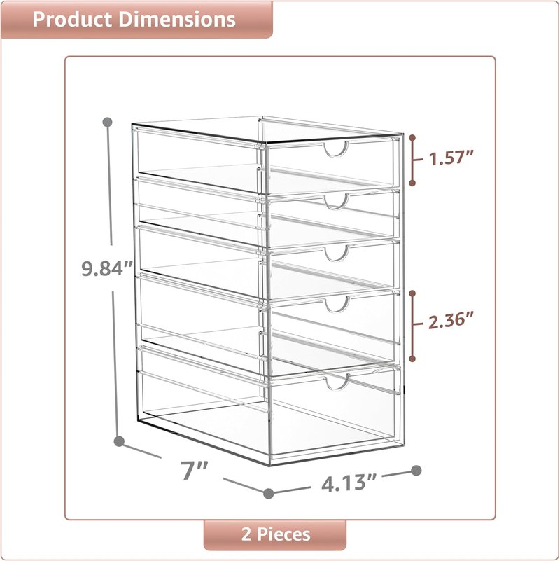 Makeup Organizer - 10-Drawer Acrylic Storage for Makeup, Office, Jewelry | 2 Clear Stackable Bins