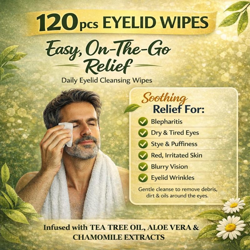 Tea Tree Eyelid Wipes - Gentle Eyelid Cleanser for Blepharitis & Dry Eye | 120 Individually Wrapped Wipes with Aloe Vera & Hyaluronic Acid