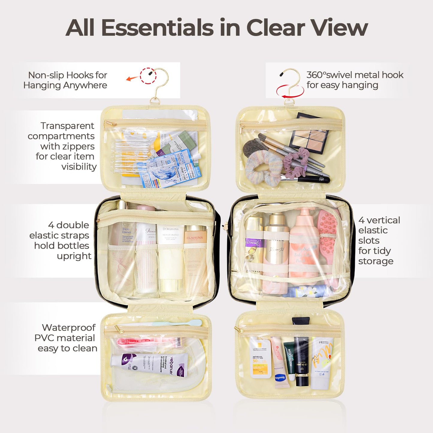 JIECH Hanging Travel Toiletry Bag for Women Detachable Toiletry Bag with 6 Compartments Large Makeup Bag Cosmetic Organizer for Bathroom Shower Business Trips Camping，Black
