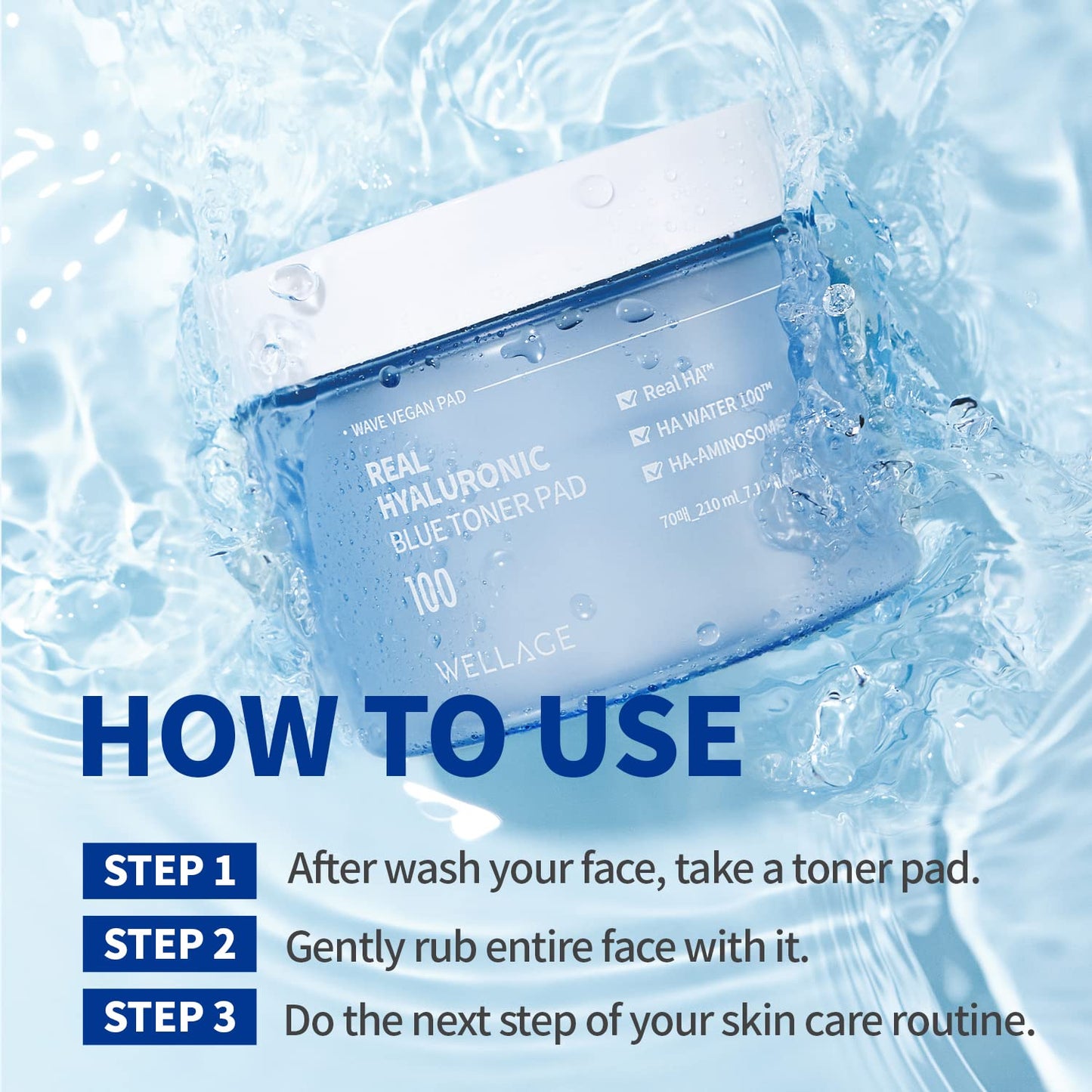 WELLAGE Real Hyaluronic Blue Toner Pad – Korean Skincare Zero Pore Facial Pads 70 Sheets, Hyaluronic Water Jojoba, Quick Soothing & Moisturizing - Hypoallergenic Exfoliating for Skin Smooth
