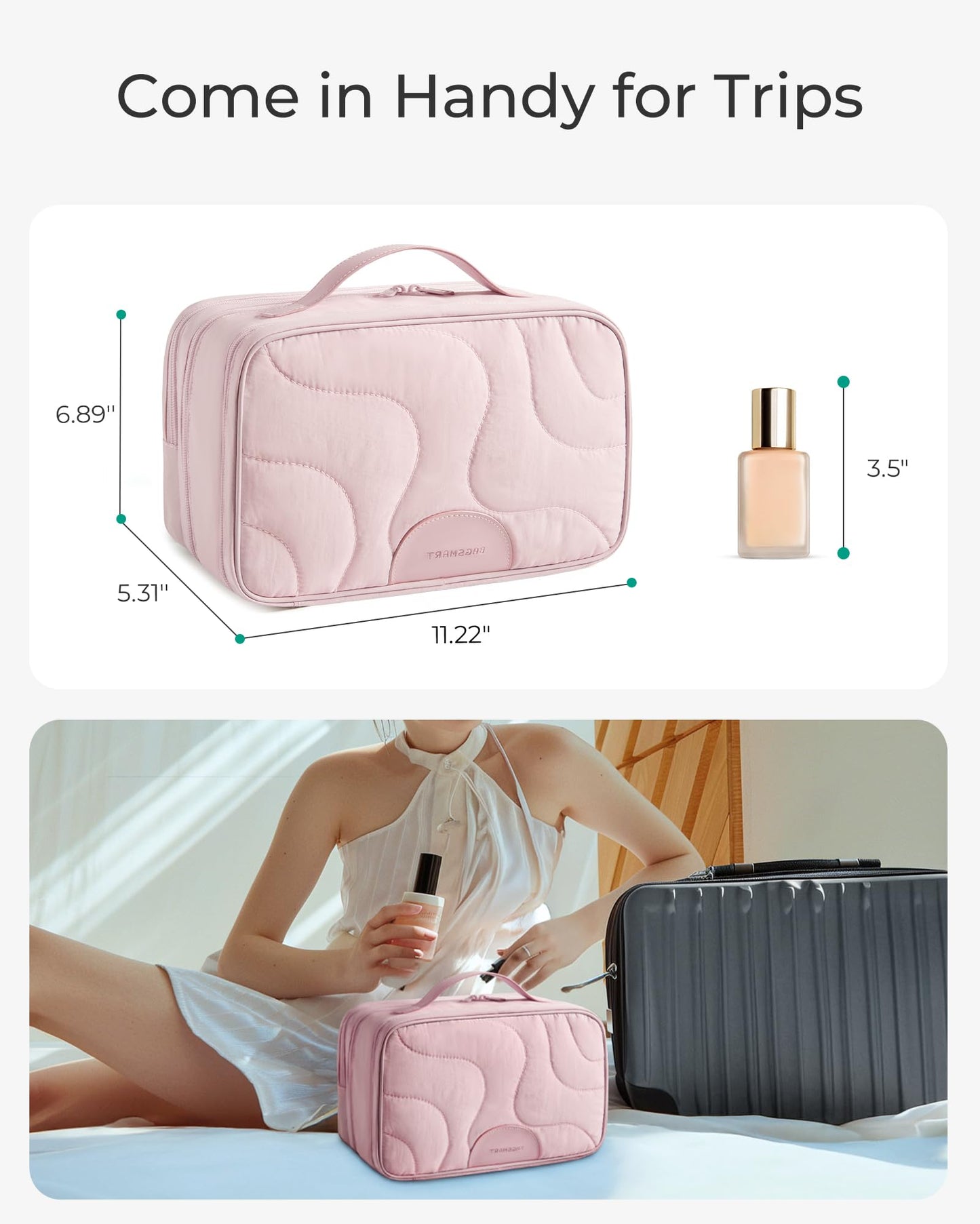 BAGSMART Travel Makeup Bag, Large Capacity Cosmetic Bags for Women, Toiletry Bag with Handle, Water-resistant Make Up Bag Travel Organizer for Accessories, Full-size Container, Toiletries, Pink