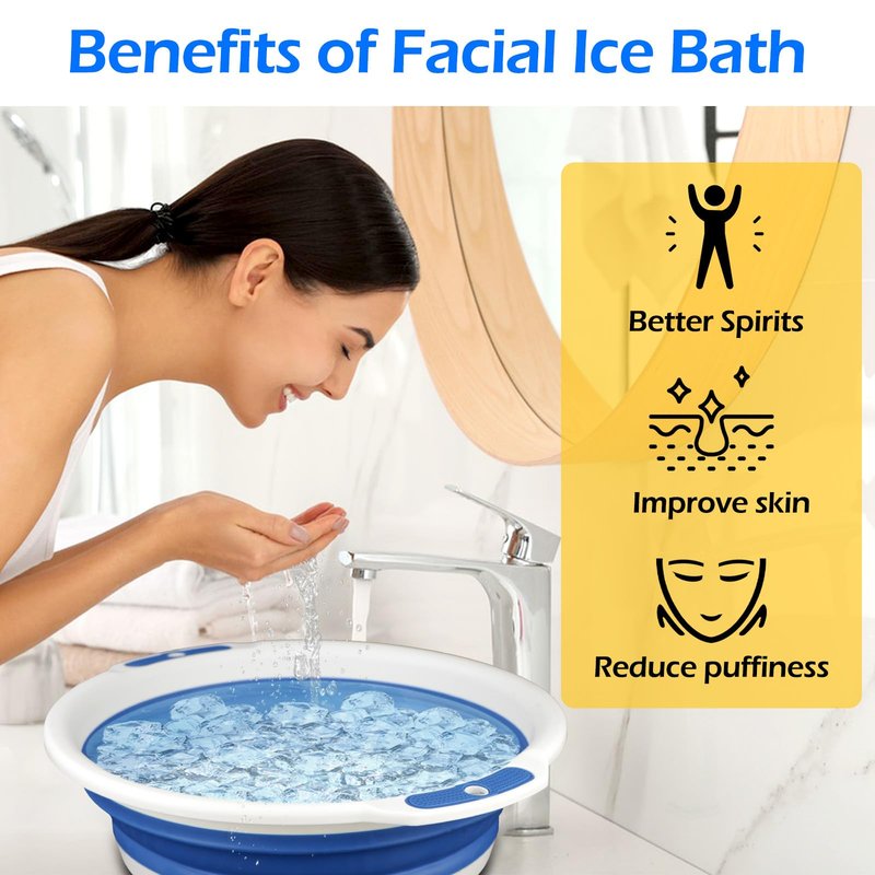 Facial Ice Bath Kit - Foldable Ice Bowl with Reusable Cubes for Cold Plunge (Blue)