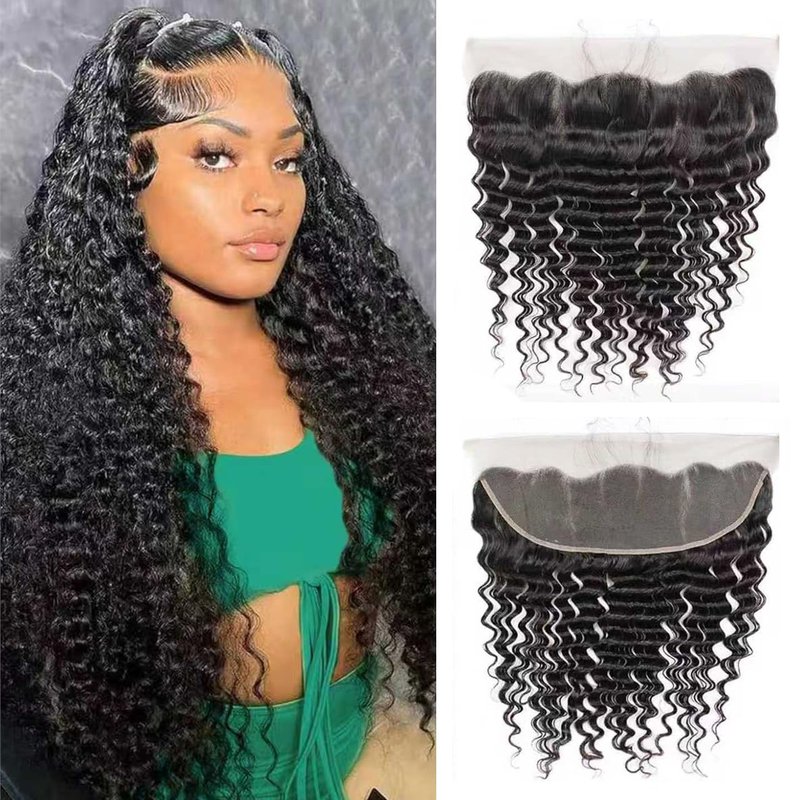 13x4 HD Lace Frontal Closure Deep Wave Ear to Ear Lace Frontal Closure Human Hair Pre Plucked 12 Inch Unprocessed Brazilian Curly Virgin Hair Extensions Natural Black