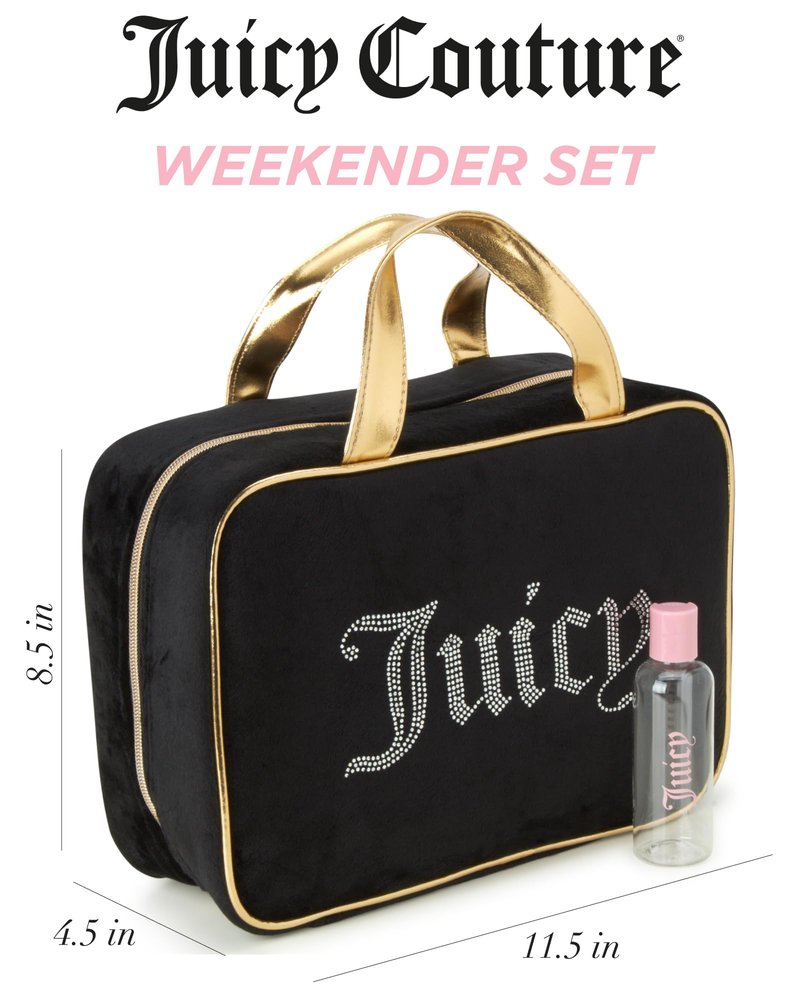 Juicy Couture Black Makeup Bag Cosmetics Organizer Travel Essentials Weekender Velour Rhinestone Gold Trim