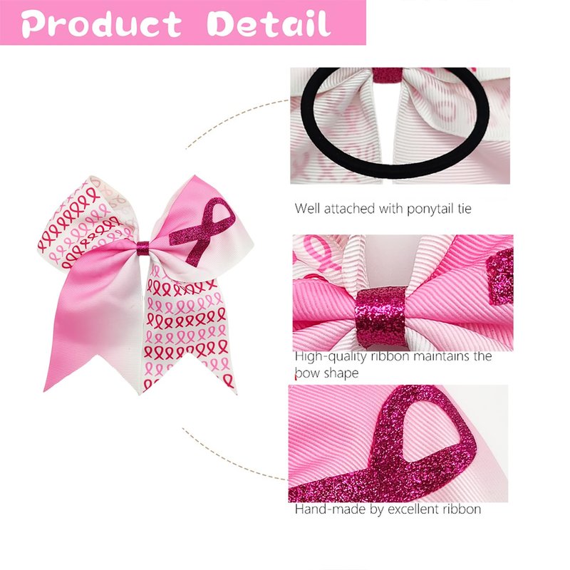 30pcs Breast Cancer Awareness Cheer Bows,7 Inches Pink Cheer Bows For Girls Women In October Cheerleading Hair Elastic Bands (Pink White)