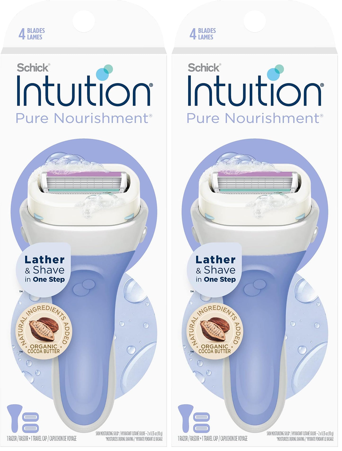 Schick Intuition Pure Nourishment Razors for Women | 1 Razor & 2 Intuition Razor Blades Refill with Organic Cocoa Butter (Pack of 2)