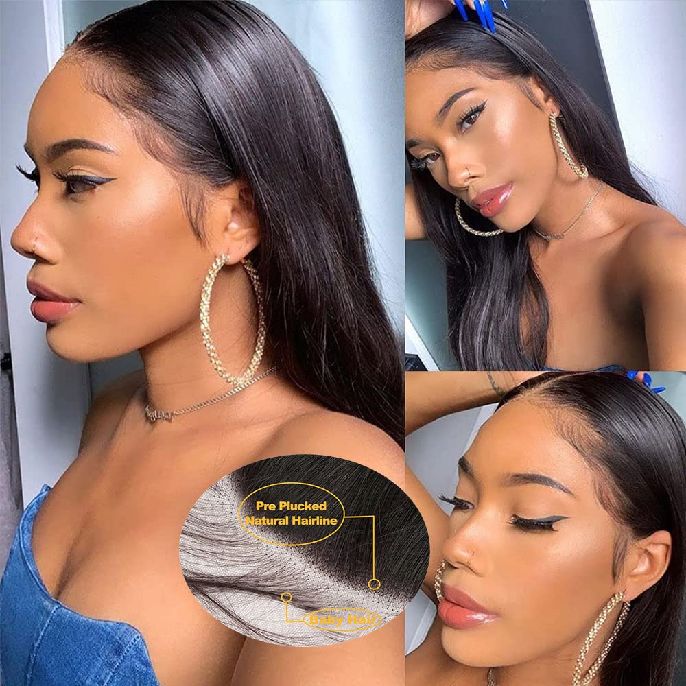 QTHAIR Straight HD Lace Frontal Human Hair 18A Brazilian Straight Human Hair Ear to Ear 13x4 Swiss Lace Frontal(14",Natural Color) Pre Plucked Natural Hairline with Baby Hair