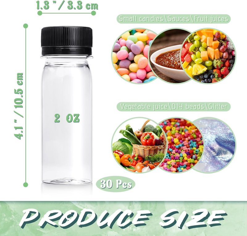 30 Pcs 2 Oz Small Plastic Bottles - Reusable Ginger Shot Containers for Juice, Liquor, DIY | Black Cap