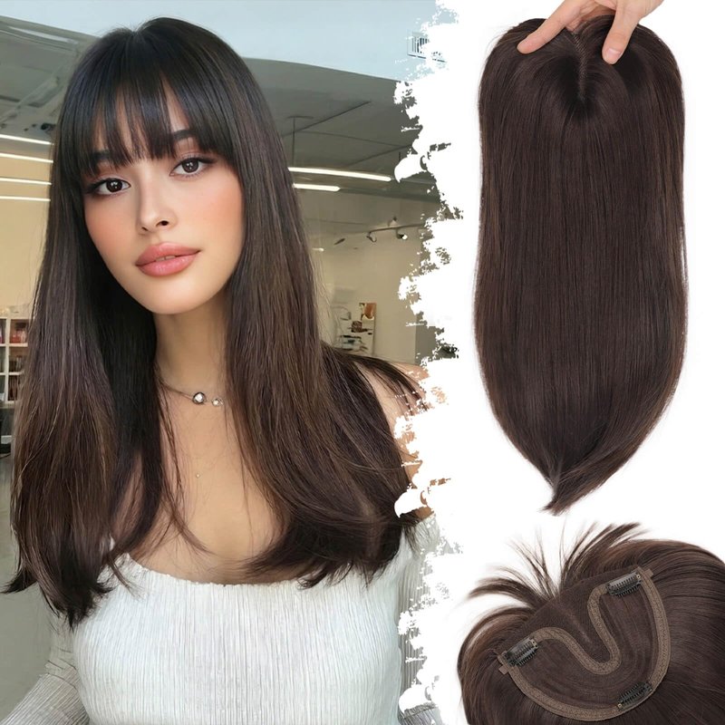 Eawwii Hair Topper for Women Clip in Bangs – 18 Inch Medium Length Straight 360° Full Coverage Dark Brown,Synthetic Natural Looking Piece for Thinning Hair