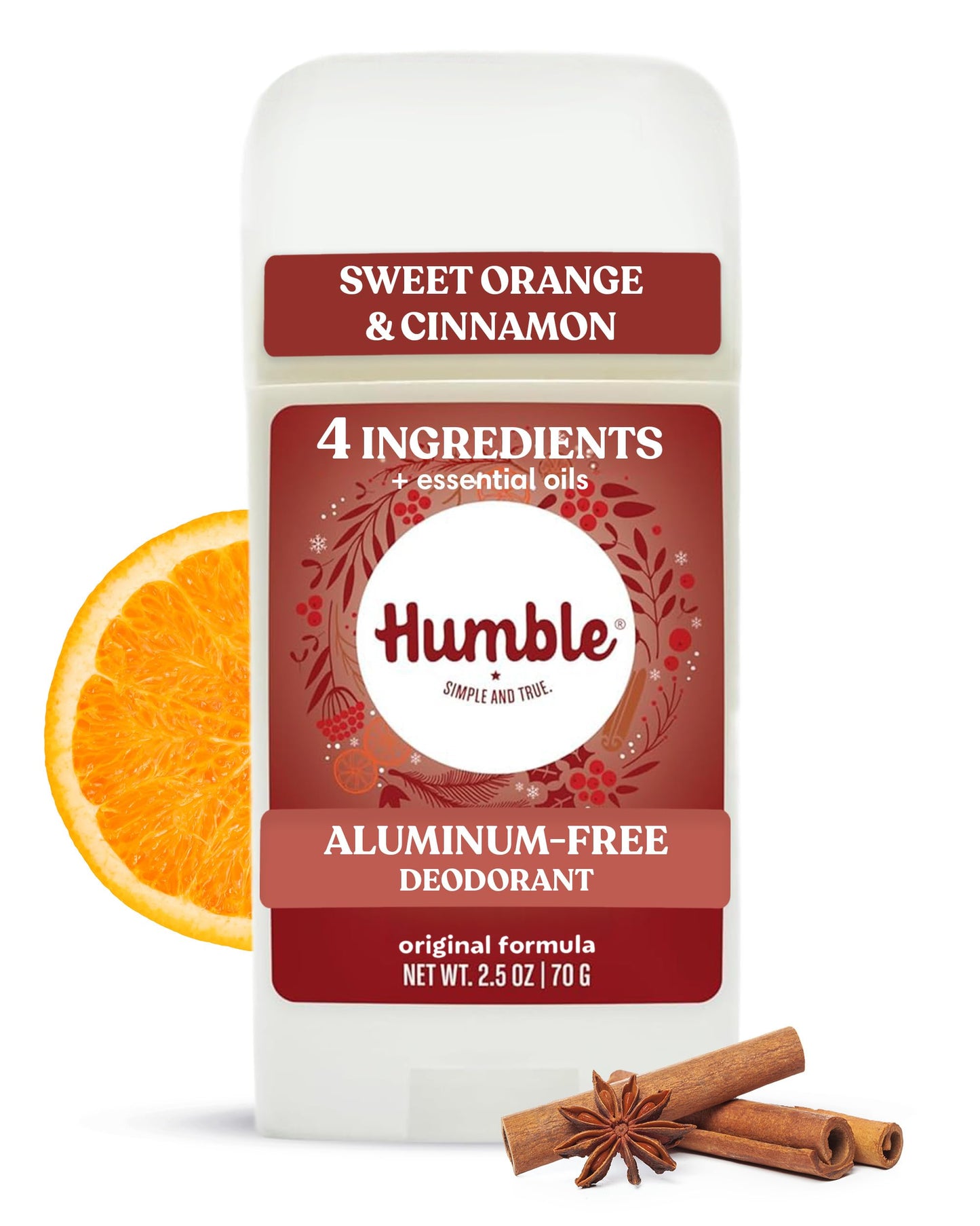 Humble Aluminum-Free Deodorant for Women & Men, Sweet Orange & Cinnamon - Clean & Fresh Natural Deodorant Stick with Essential Oils for Long-Lasting Odor Control - 1 Pack