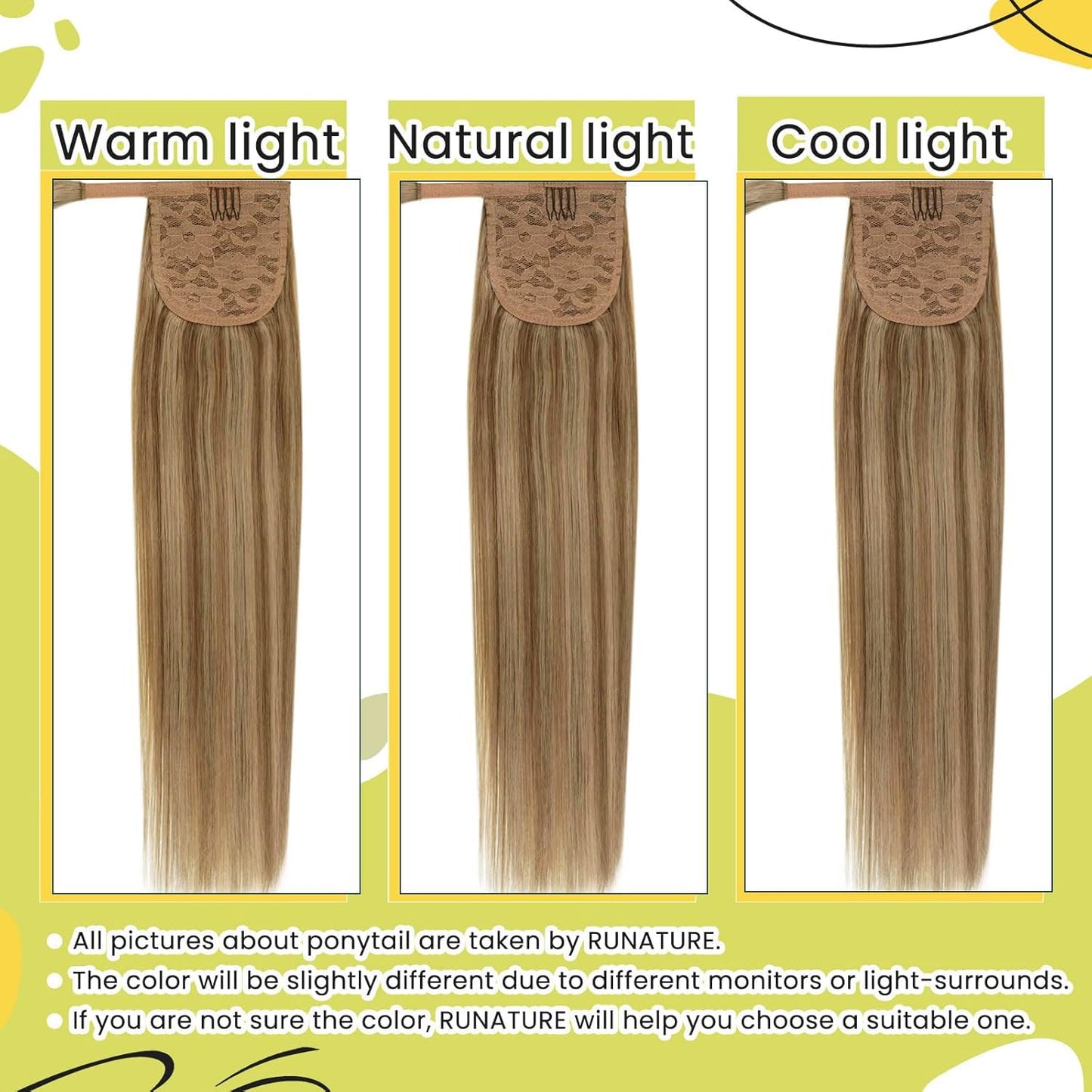 RUNATURE Human Hair Ponytail Extension Blonde Ponytail Hair Extension Dark Blonde Highlight Caramel Blond Short Ponytail Human Hair Extensions Straight Pony Tails Hair Extension 12 Inch 70g