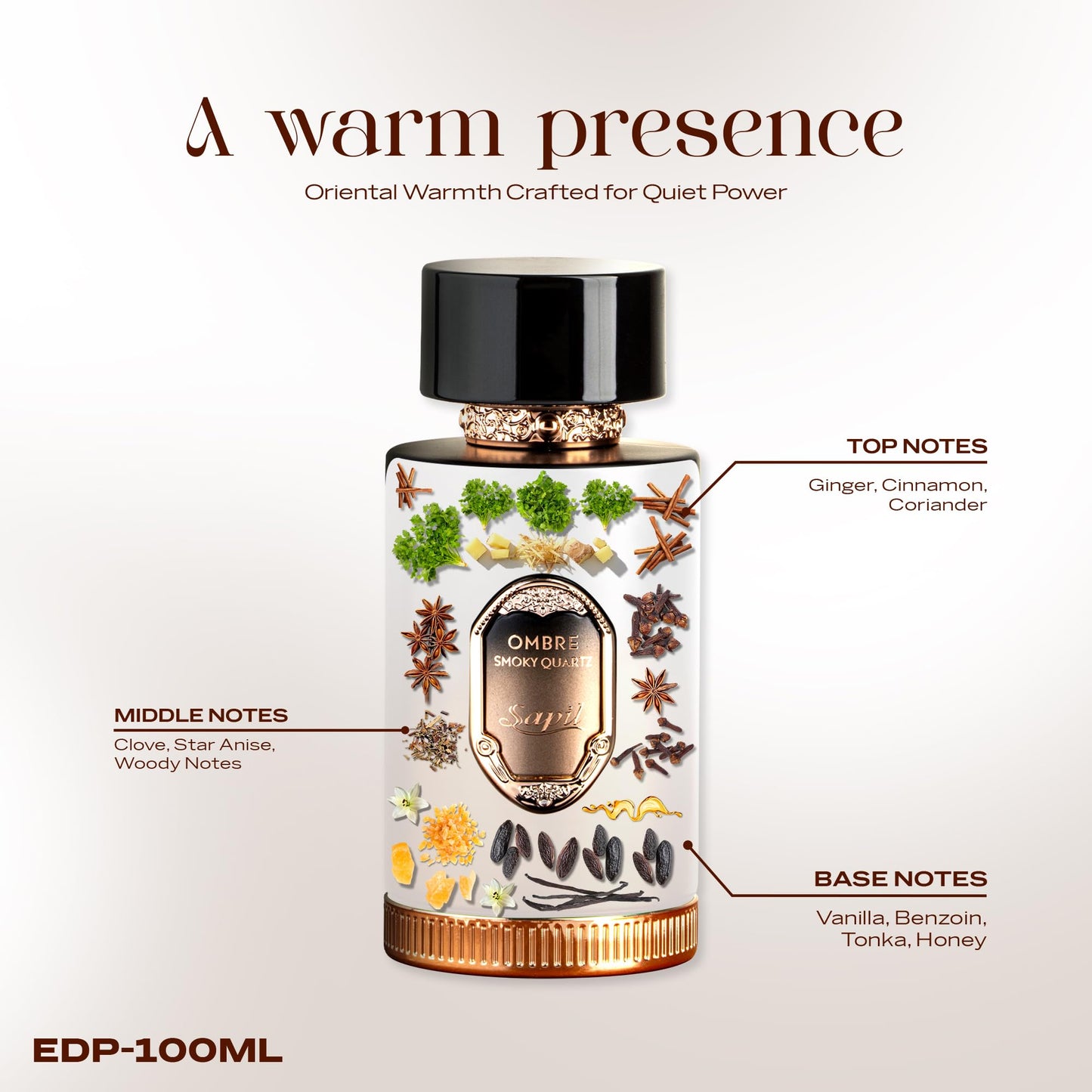 Sapil Ombre Smoky Quartz Eau de Parfum – Long Lasting Unisex Spicy Woody Perfume | Ginger, Cinnamon & Vanilla Notes | Warm Smoky Signature Fragrance | 3.4 oz / 100ml