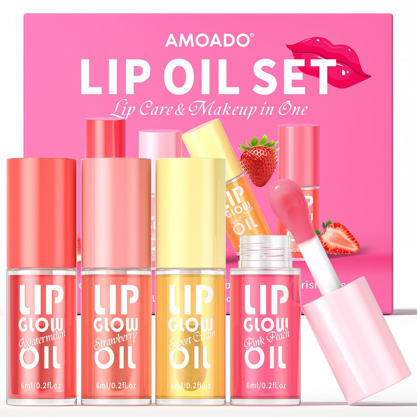 AMOADO Lip Oil, Tinted Lip Glow Oil – Hydrating & Nourishing, Lip Oils Gift Set, Fruity Lip Oils Gloss Non-Sticky & Glossy Finish, 4 Colors Lip Gloss for Girls and Women - Party Favor