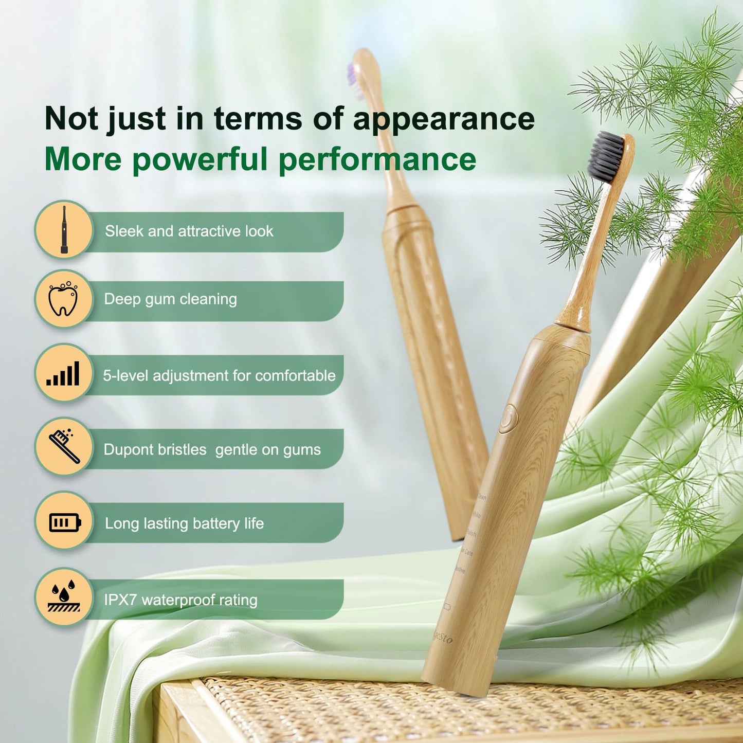 MgcSto Sonic Bamboo Electric Toothbrush for Adults - Rechargeable Electric Toothbrush -4 Pack Bamboo Repalcement Brush Heads| 5 Cleaning Modes Long-Lasting Battery