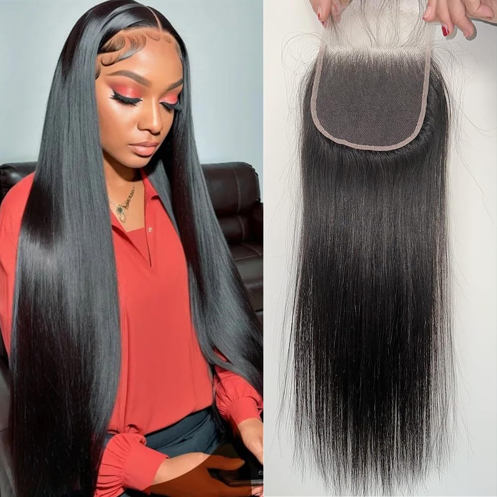 4X4 Straight HD Lace Closure Human Hair Extensions 12A Brazilian Virgin Remy 100% Unprocessed Human Hair Frontal Free Part Closure Only Pre Plucked With Baby Hair Natural Black 18 Inch
