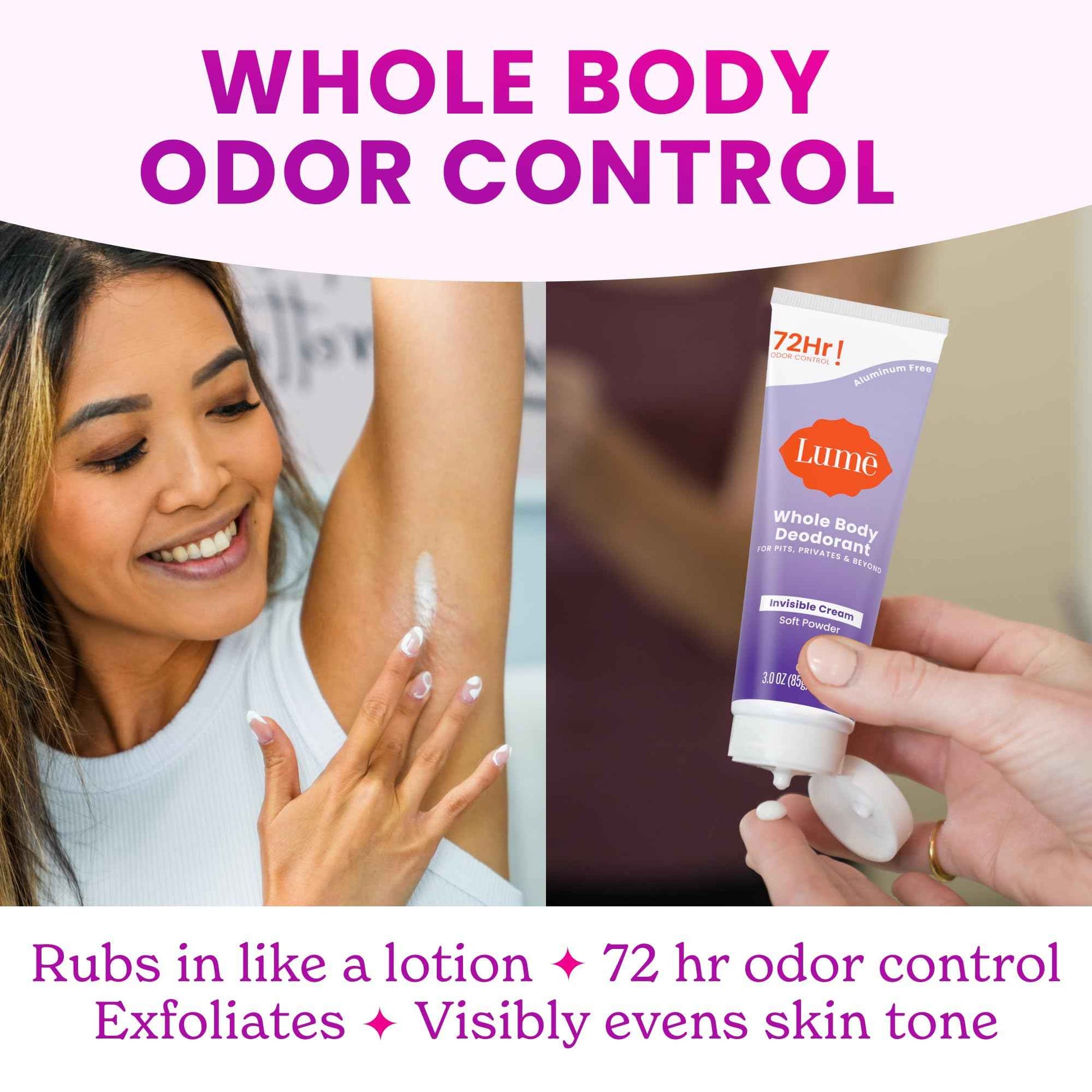 Lume Whole Body Deodorant - Invisible Cream - 72 Hour Odor Control - Aluminum Free, Baking Soda Free, Skin Safe - 3.0 Ounce Tube and 2.6 Ounce Solid Stick Bundle (Soft Powder)