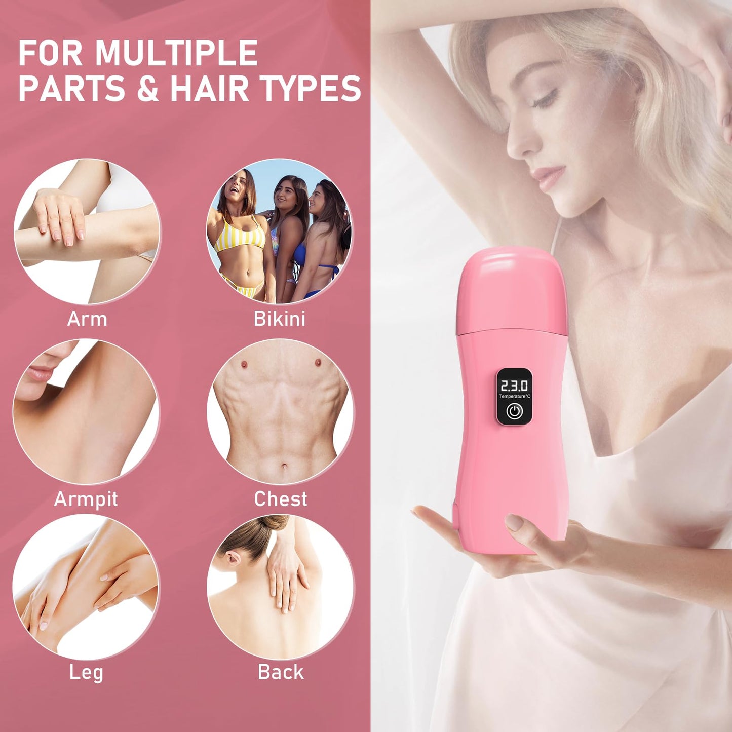 Roll on Wax Kit for Hair Removal - Wax Roller with Digital LED Display, Waxing Kit for Hair Removal for Women, Safe No-Burn At-Home Waxs Warmer, 2 Soft Honey Cartridges & 50 Strips