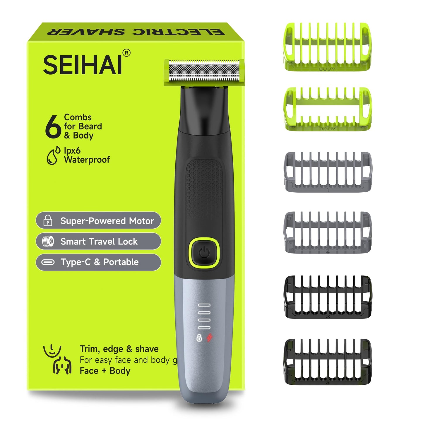 SEIHAI Body Hair Trimmer for Men, Electric Groin & Pubic Hair Trimmer, Painless Body Groomer for Chest, Legs, Bikini, Waterproof Wet/Dry USB-C Rechargeable with Self-Sharpening Blades & 6 Guide Combs