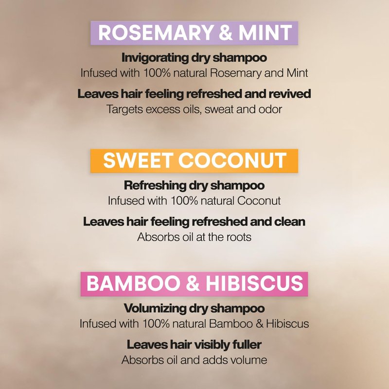 Suave Dry Shampoo Spray Variety 3-Pack – Invigorating Rosemary & Mint, Volumizing Bamboo & Hibiscus + Refreshing Sweet Coconut, 4.3 Oz Ea