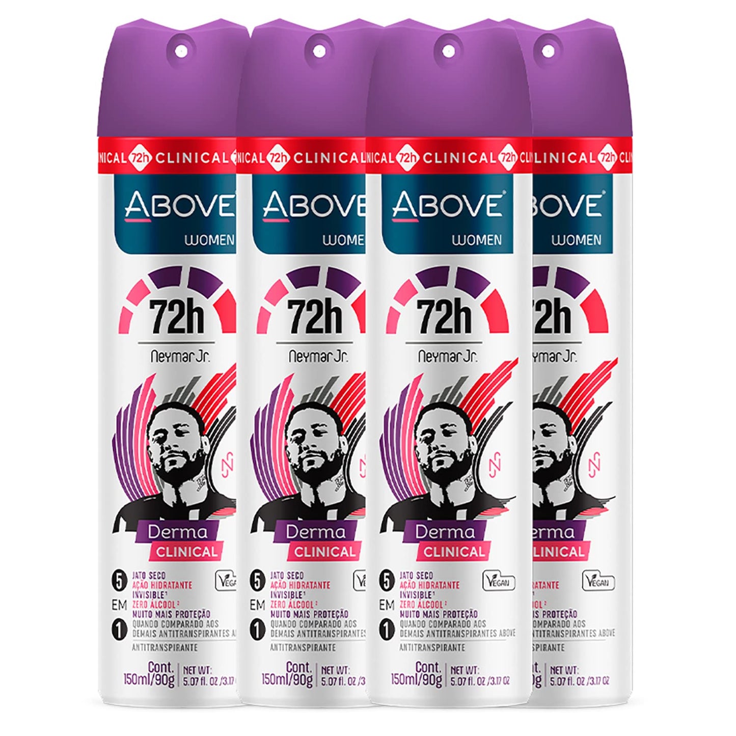 ABOVE 72 Hours Derma Clinical Antiperspirant Deodorant, Neymar Jr Women, 4 Pcs - Deodorant for Men - Mandarin, Cocoa, and Vanilla Notes - Dry Spray