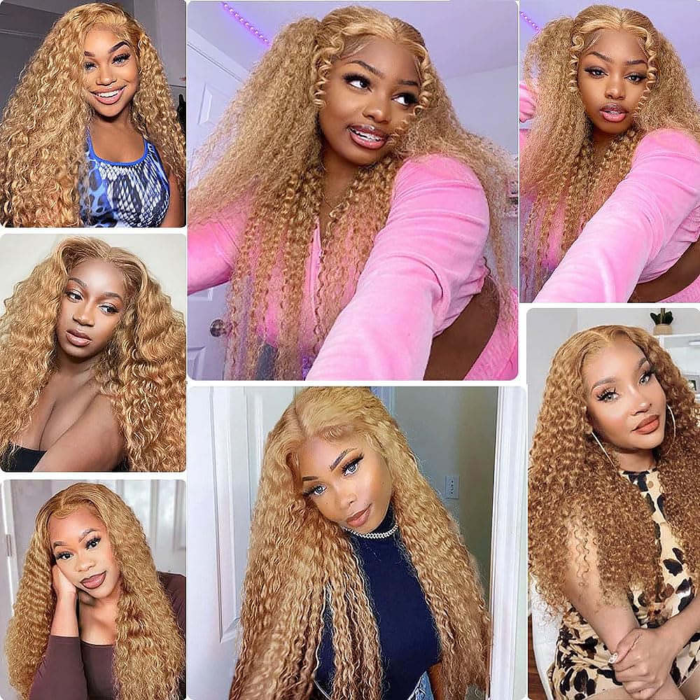 Honey Blonde Human Hair Bundles 14 16 18 Inch Kinky Curly Wave Bundles Human Hair Unprocessed Native Virgin Hair 100/PC 3 Extensions #27 Blonde Color Wet and Wavy Human Hair Extensions for Women