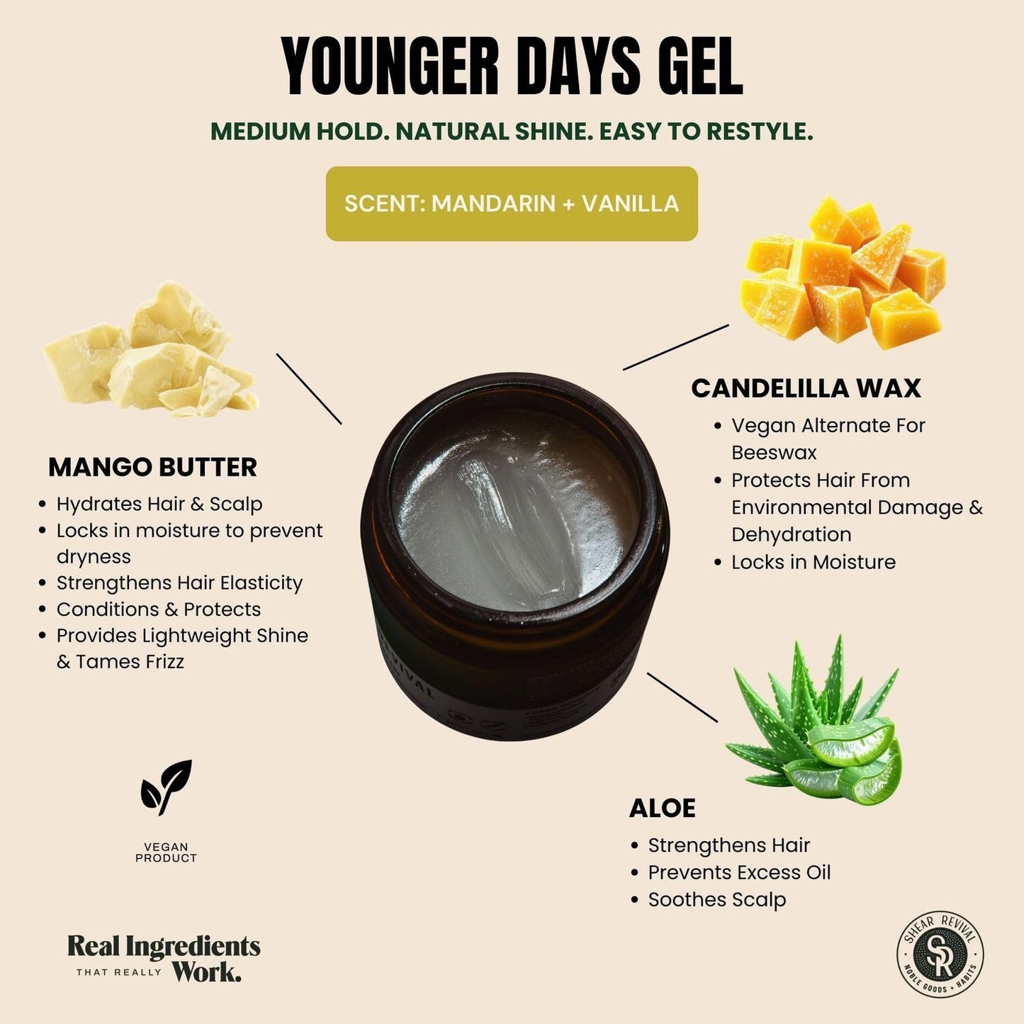 Shear Revival Younger Days Gel Pomade for Men & Women - Vegan, Medium Hold, Natural Finish for All Hair Types, Mandarin & Vanilla Scent, Travel Friendly 3.4oz and Eco-Conscious Packaging