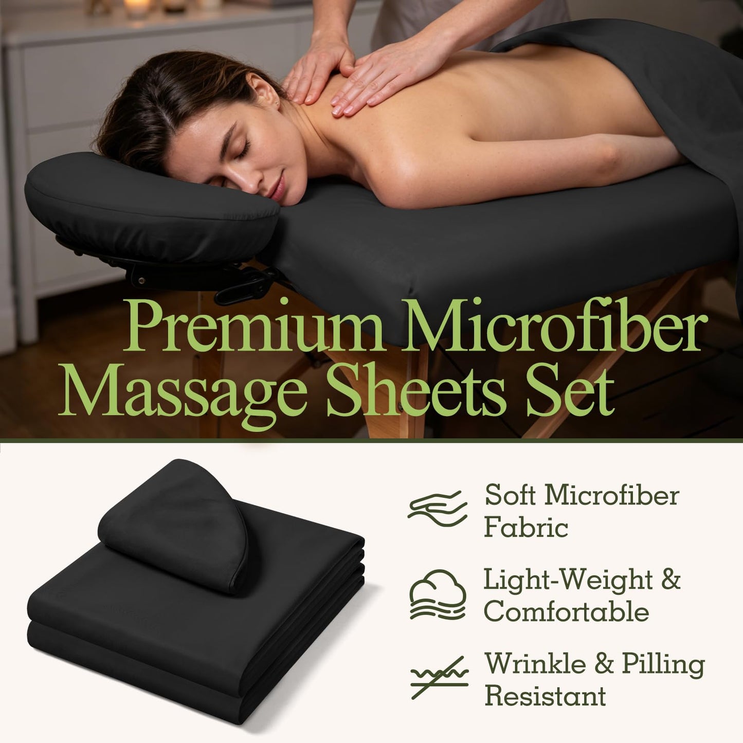 Comfyanno 3-Piece Massage Table Sheets Sets, Stain & Oil Resistant, Soft Microfiber, Quick Drying, Professional Spa Therapy Bed Sheets, Includes Flat & Fitted Sheet, Face Cradle Cover - Black