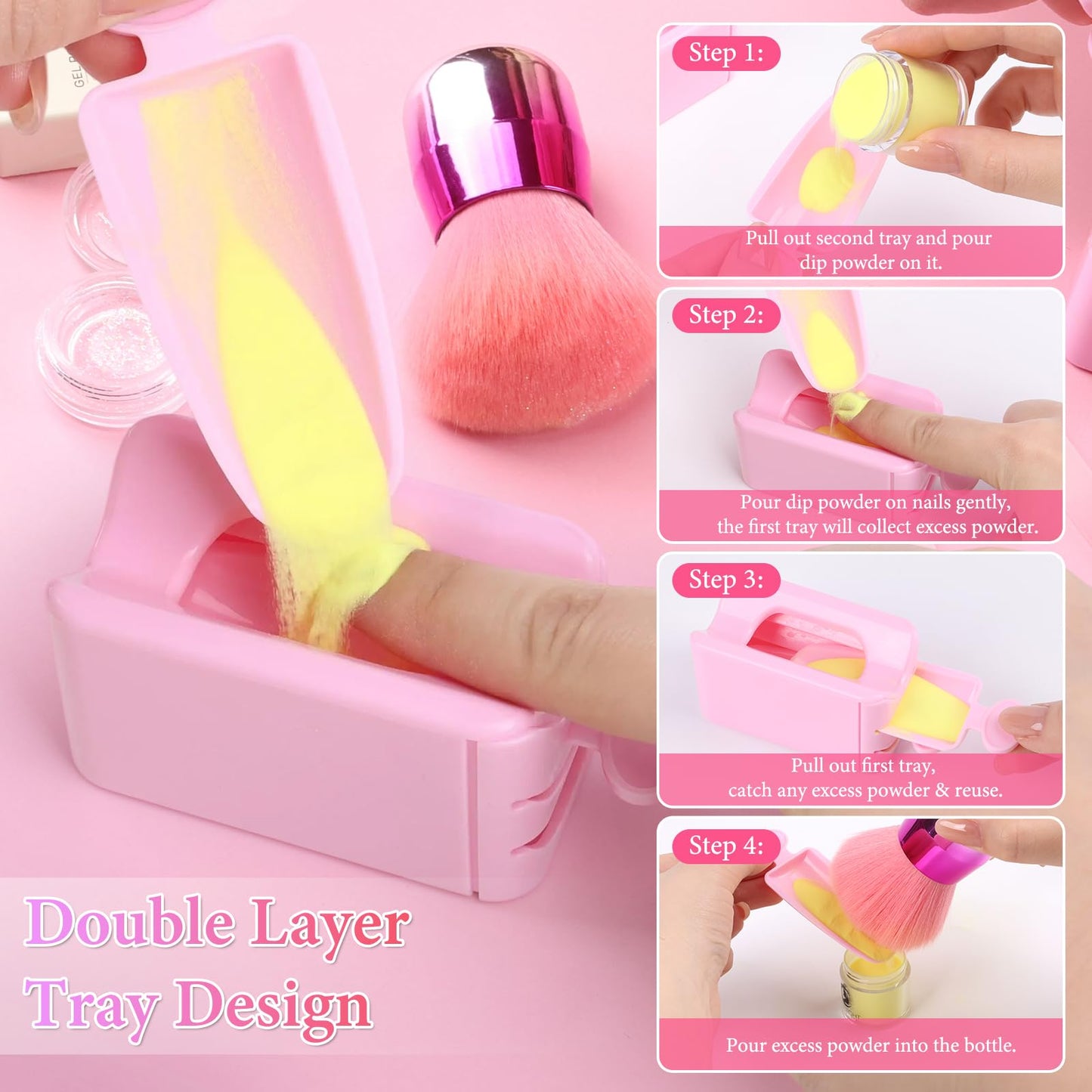 heemeei Dip Powder Recycling Tray System, Portable Nail Dip Powder Tray Kit with Nail Dust Brush, Glass Nail File, French Nail Art Manicure Essential Tool, Makeup Tool Glitter Saver