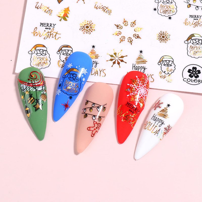 Gold Christmas Nail Art Stickers Decals, Holographic White Snowflake Nail Adhesive Sticker, Xmas Tree Snowflake Snowman Elk Santa Claus Nail Art Decal for Women Girls Manicure Holiday Decorations