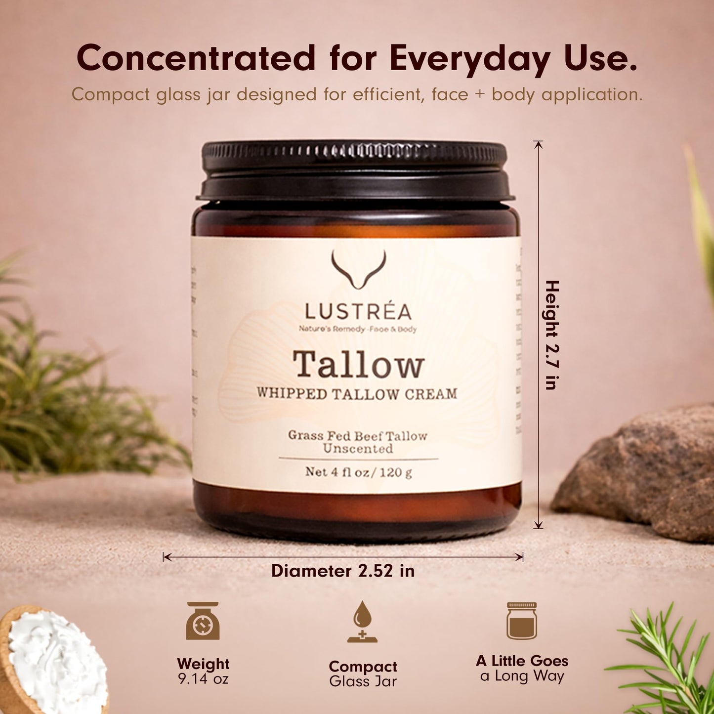 LUSTRÉA Whipped Tallow Cream for Face & Body 4oz (120g) Unscented | Grass Fed Beef Tallow Face Cream | Hydrating Face Cream for Sensitive Skin | Non-Greasy Skin Moisturizer | Multi-Use Body Balm