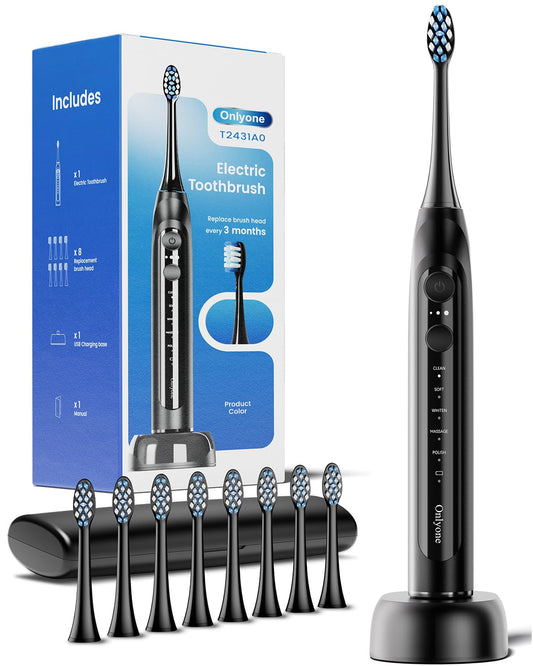 Onlyone Electric Toothbrush for Adults, Rechargeable Electric Toothbrush with 8 Brush Heads, Travel Case, Charging Base & Wireless Charging - 5 Modes with Smart Timer