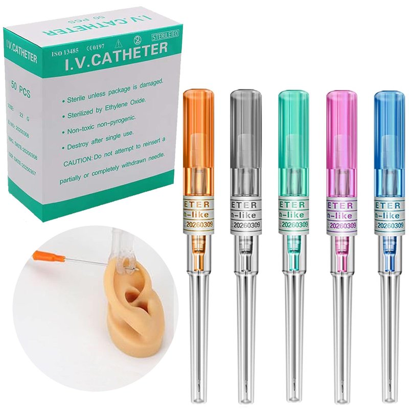 50Pcs Mixed Catheter Piercing Needles IV Catheter Needles 14G 16G 18G 20G 22G Hollow Needles Ear Nose Piercing Needle for Lip Tongue Belly Navel Nipple Professional Piercing Tools