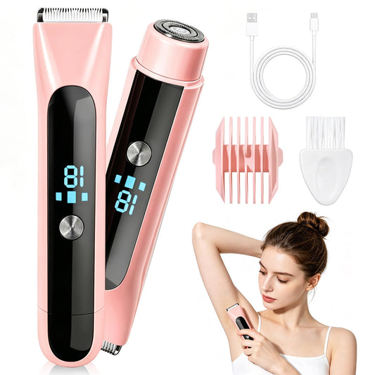Bikini Trimmer for Women, 2 in 1 Dual-Head Electric Shaver for Legs Underarms Face Pubic Area, IPX7 Waterproof Wet & Dry Use, Rechargeable Cordless Body Hair Trimmer with USB-C, for Holiday Gift