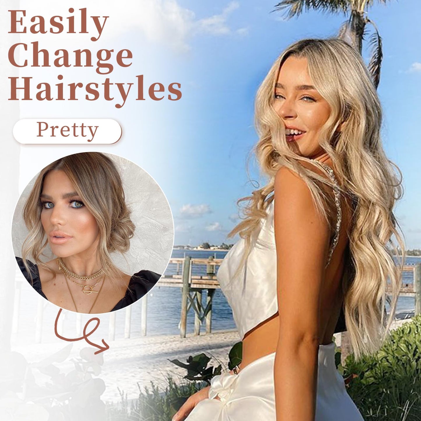 XIXIBI Long Blonde Wigs for Women, Beach Blond Highlight Wavy Curly Middle Part Wigs with Dark Roots, Synthetic Heat Resistant Natural Hair Wig for Daily Party