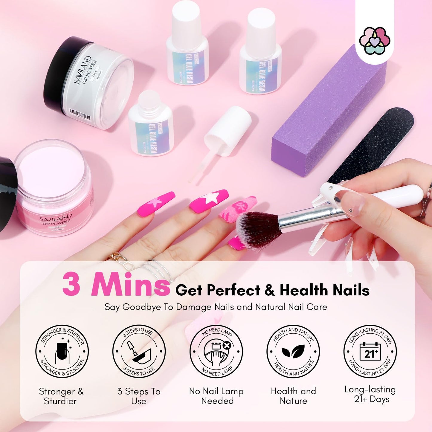 SAVILAND 60g Nail Repair Kit for Split Damaged Nails: 3 Mins Air Dry Quick & Easy Instant Broken Nail Repair Natural Clear & Pink Dip Powder with 21ml Nail Glue Emergency Home & Salon Use
