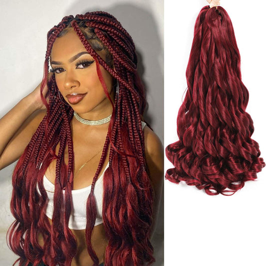 French Curly Braiding Hair 8 Packs Loose Wavy Braiding Hair Pre Stretched Bouncy Synthetic French Curl Braiding Hair Extensions for Women (Burgundy, 18 Inch)