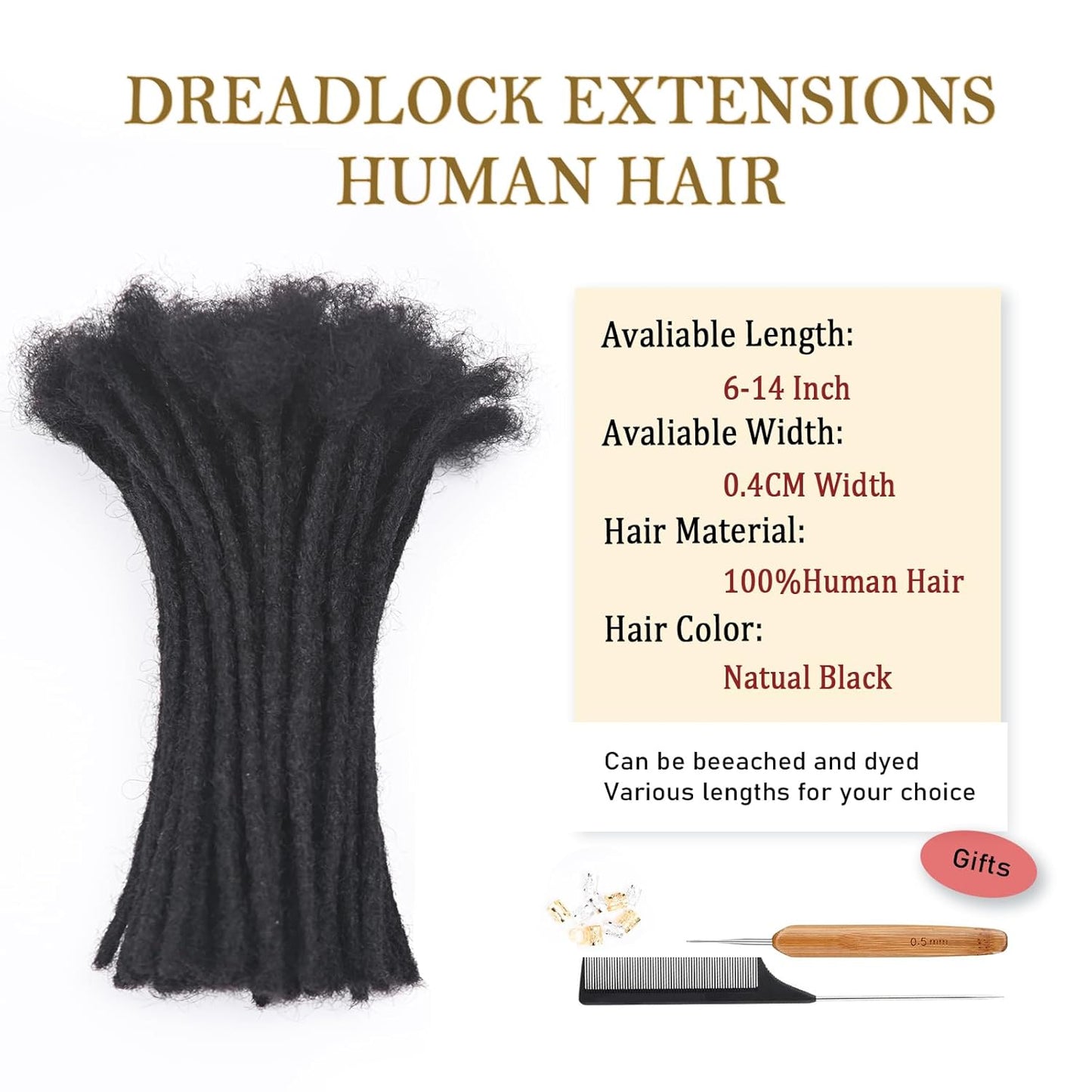 Dreadlock Extensions - 12 Inch 30 Strands 100% Human Hair | Natural Black, Can Be Dyed & Curled