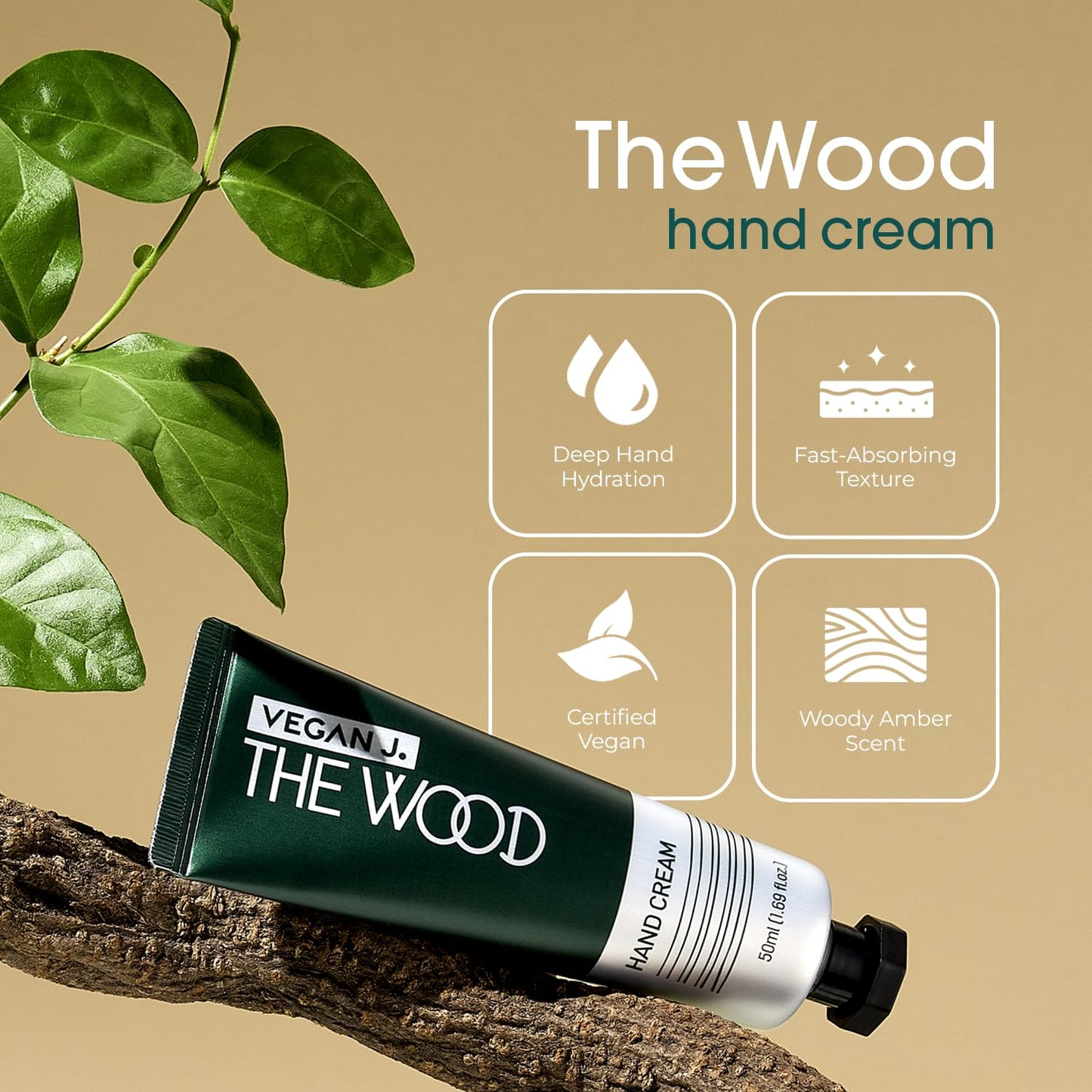 Vegan J. The Wood Hand Cream | Deep Hydration with Shea Butter | Fast-Absorbing, Non-Sticky, Vegan & Cruelty-Free Hand Care with Woody Amber Green Scent (1.69 fl.oz.)