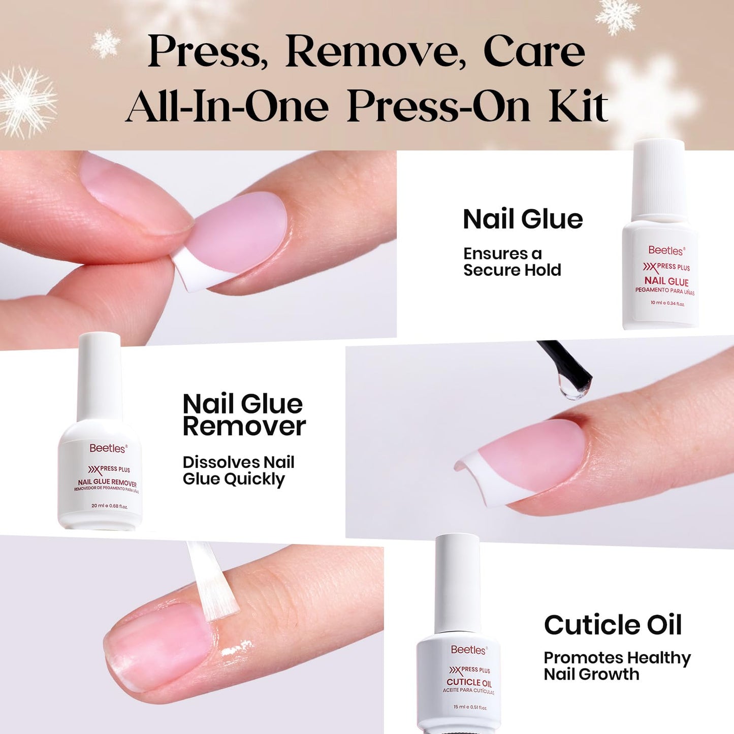 Beetles X Press Plus Gel Nails Kit - Fierce French | 5 Colors Press On Nails Medium Almond | 160Pcs 16 Sizes All-in-One Kit With Nail Glue,Remover,Builder Top Coat,Nail Lamp Gift