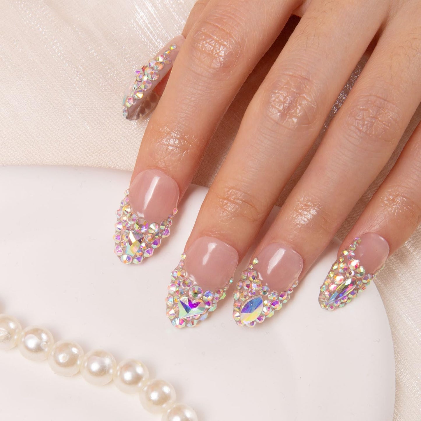 LOVFUL Press on Nails Noir d'Or | Handmade with Full Covered Crystals | Reusable Full Cover Nails | Almond Regular 1.0 in | P003-M