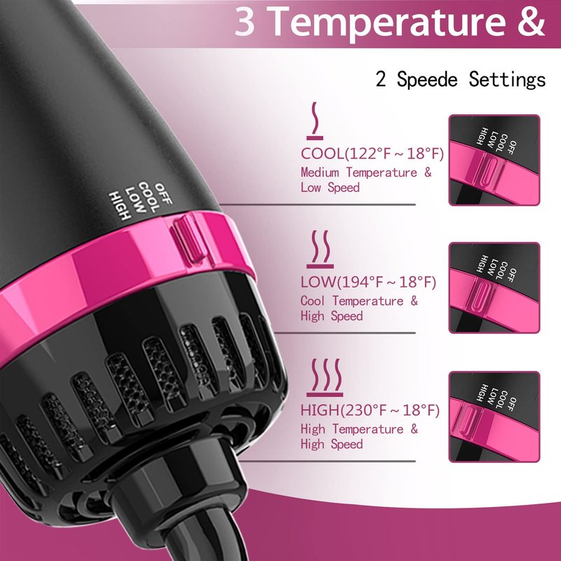 Dimecano Hair Dryer Brush, 4 in 1 One Step Hair Dryer and Styler Volumizer, Professional Hot Air Brush with Negative Ion Anti-frizz Blowout for Drying, Straightening, Salon, Black Pink