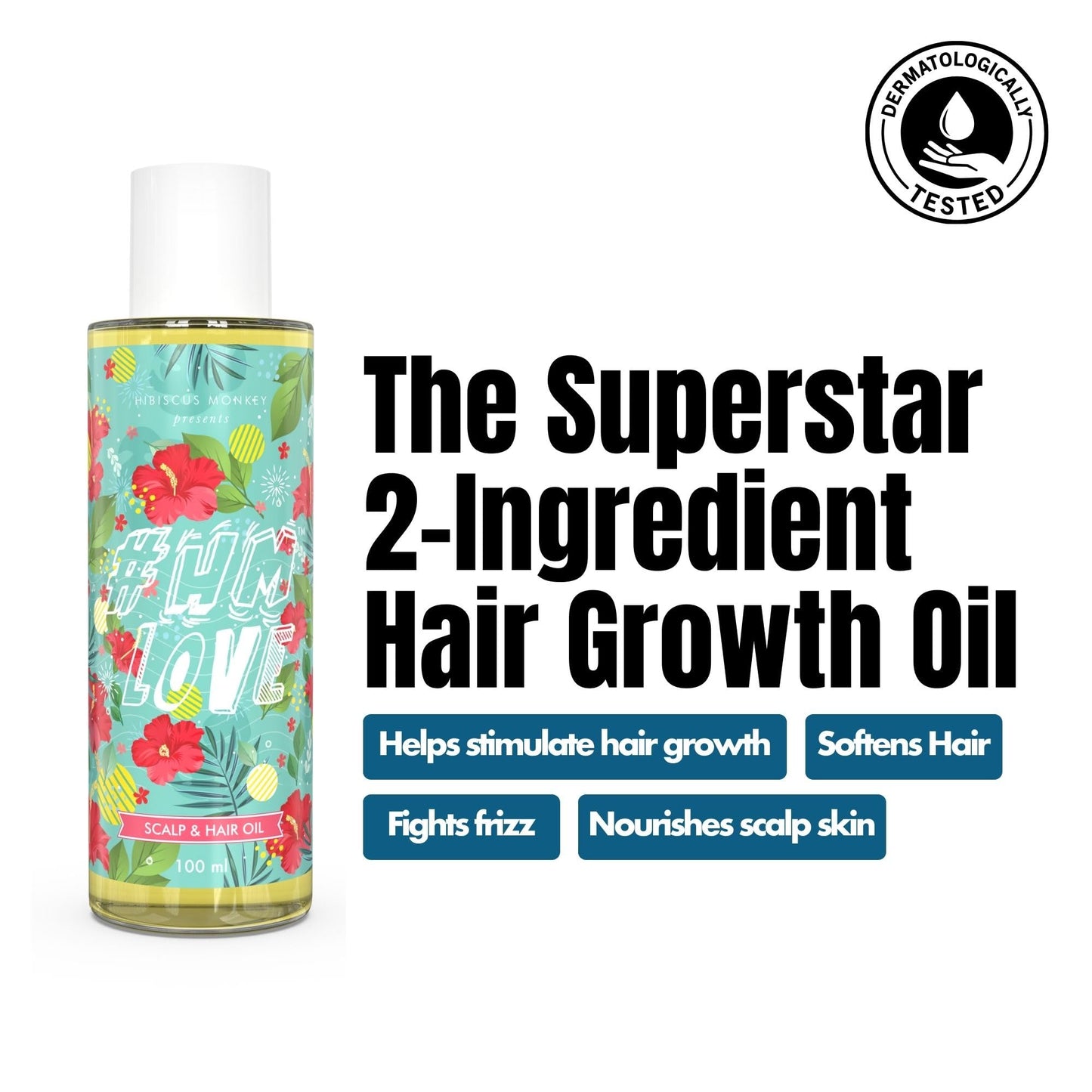 Hibiscus Monkey HM Love Scalp & Hair Oil, Promotes Hair Growth, Reduces Hair Fall, Scalp care, Anti Frizz, Real Hibiscus Flowers, Coconut Milk Oil, Natural, No Mineral Oil, Chemical-Free, 100mL