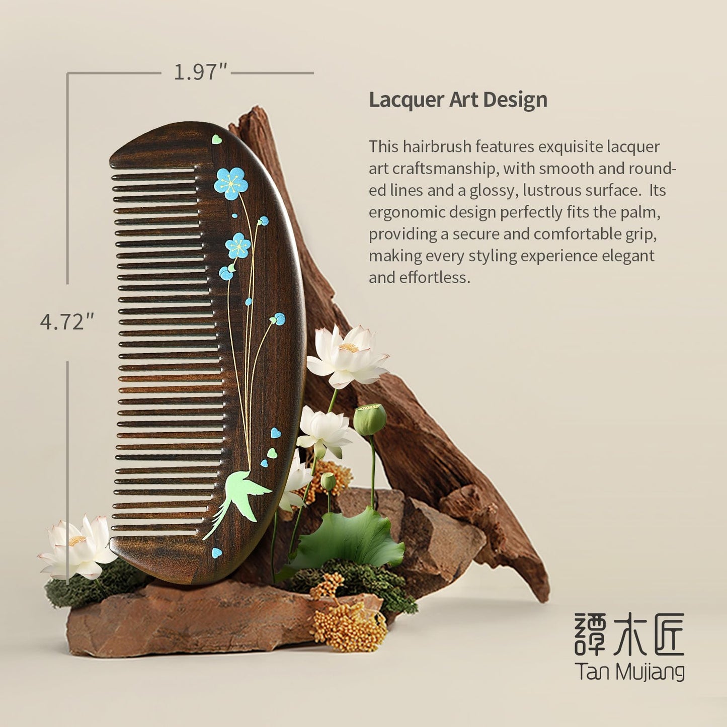 TAN MUJIANG Handmade Wooden Comb Raw Chacate Preto, Lacquer Art Craft, Compact Size 4.27×1.97 Inches