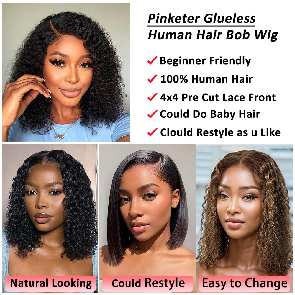 Pinketer Wear and Go Bob Wig Human Hair Deep Wave Glueless Wigs Pre Plucked Pre Cut 4x4 Lace Closure 180% Density Ready to Wear Bob Wigs for Black Women Beginner Friendly (Curly Bob Wig, 12inch)