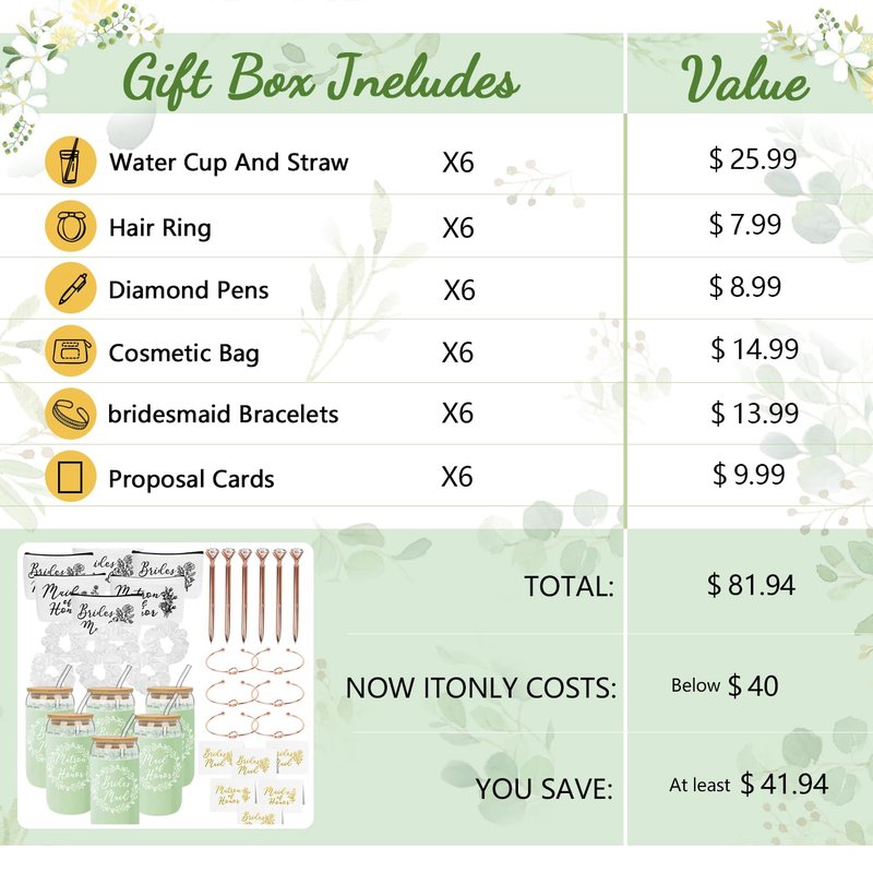 Nimbbex 36Pcs Bridesmaid Proposal Gifts,Maid of Honor Gifts Matron of Honor Gifts,include 16oz Glass Cups Makeup Bags Scrunchies Knot Bracelets Bridesmaid Cards Diamond Pens for Wedding